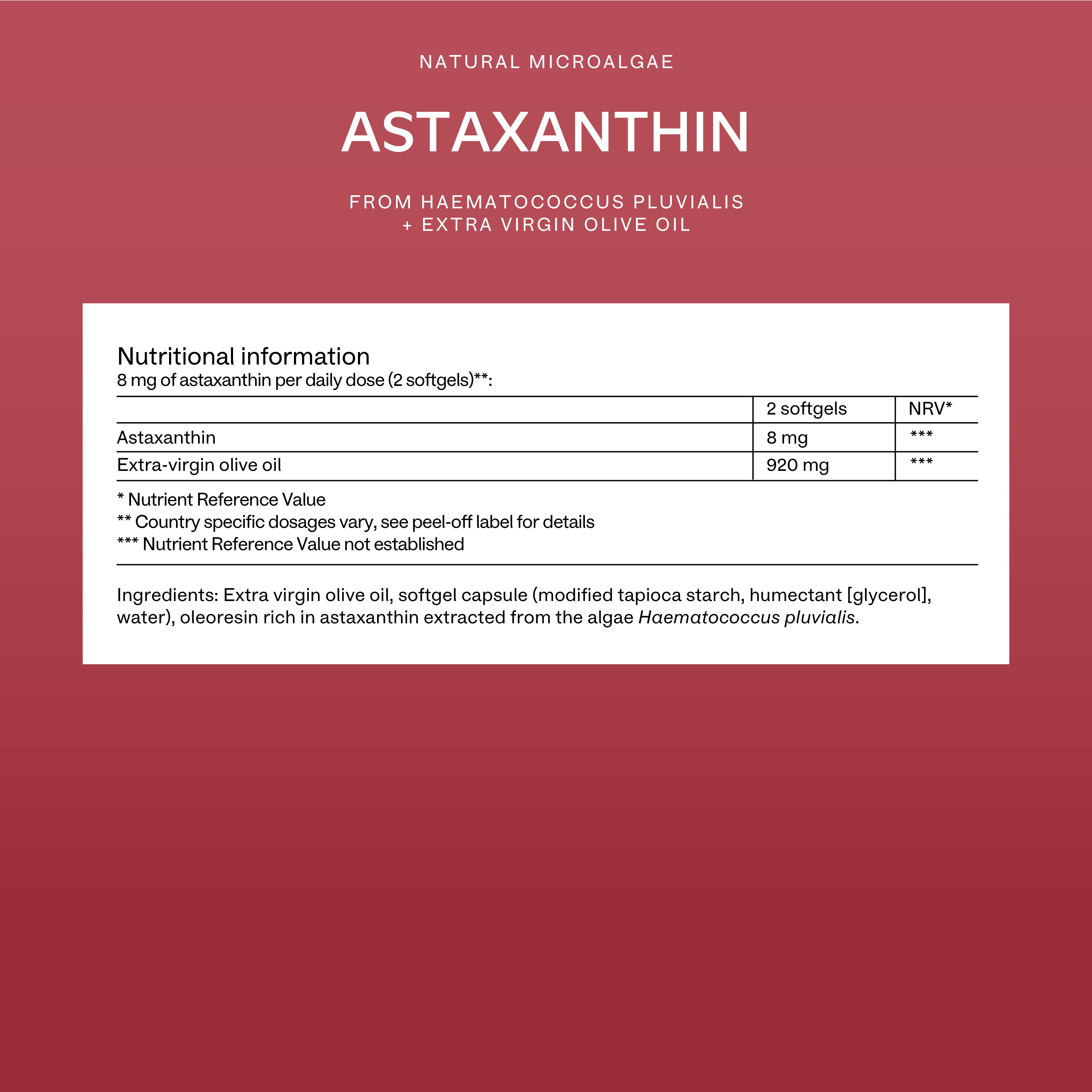 Informazioni nutrizionali Aavalabs Astaxantina su sfondo rosso.