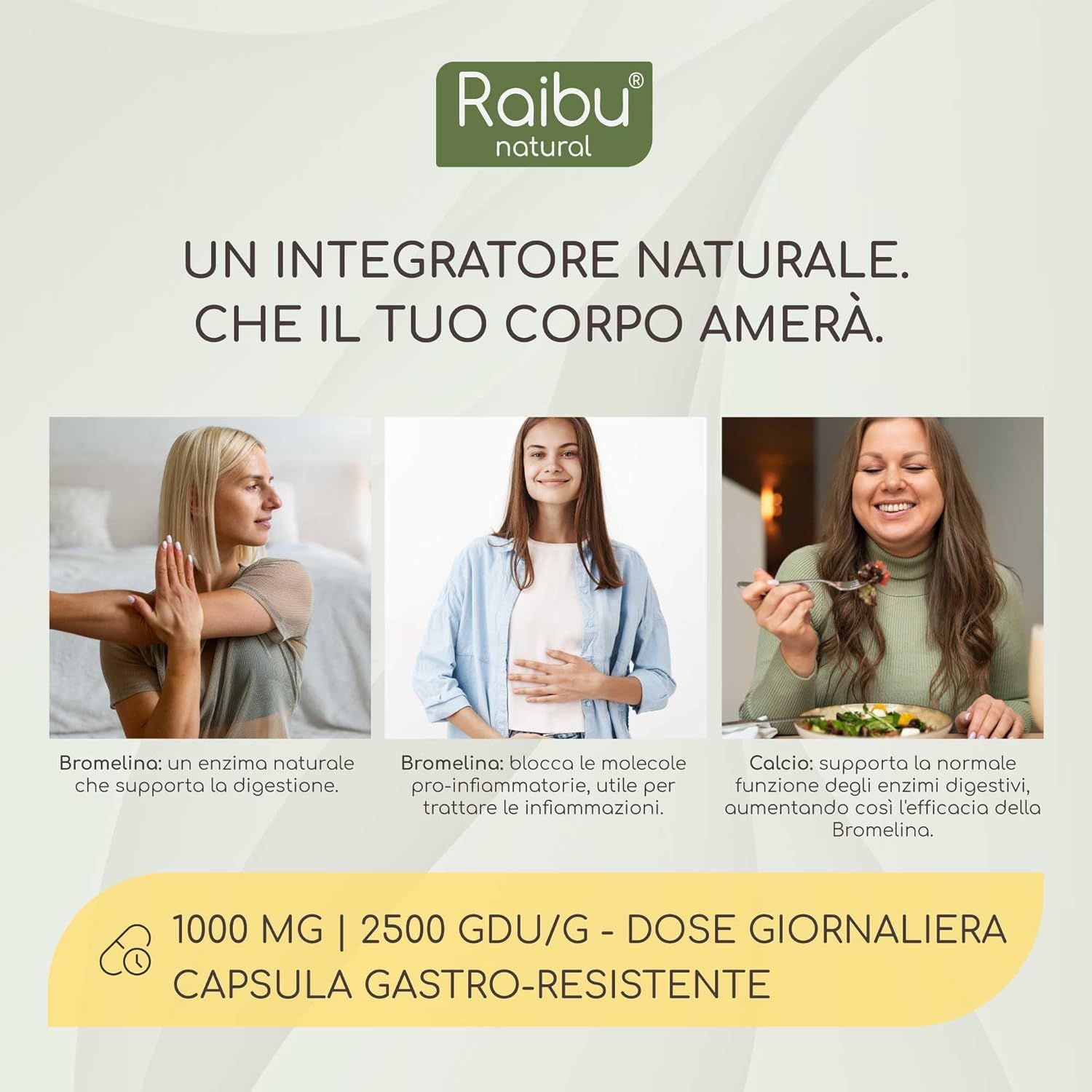 Immagine pubblicitaria con tre persone. Testo: Un integratore naturale che il tuo corpo amerà. 1000 mg dose giornaliera.