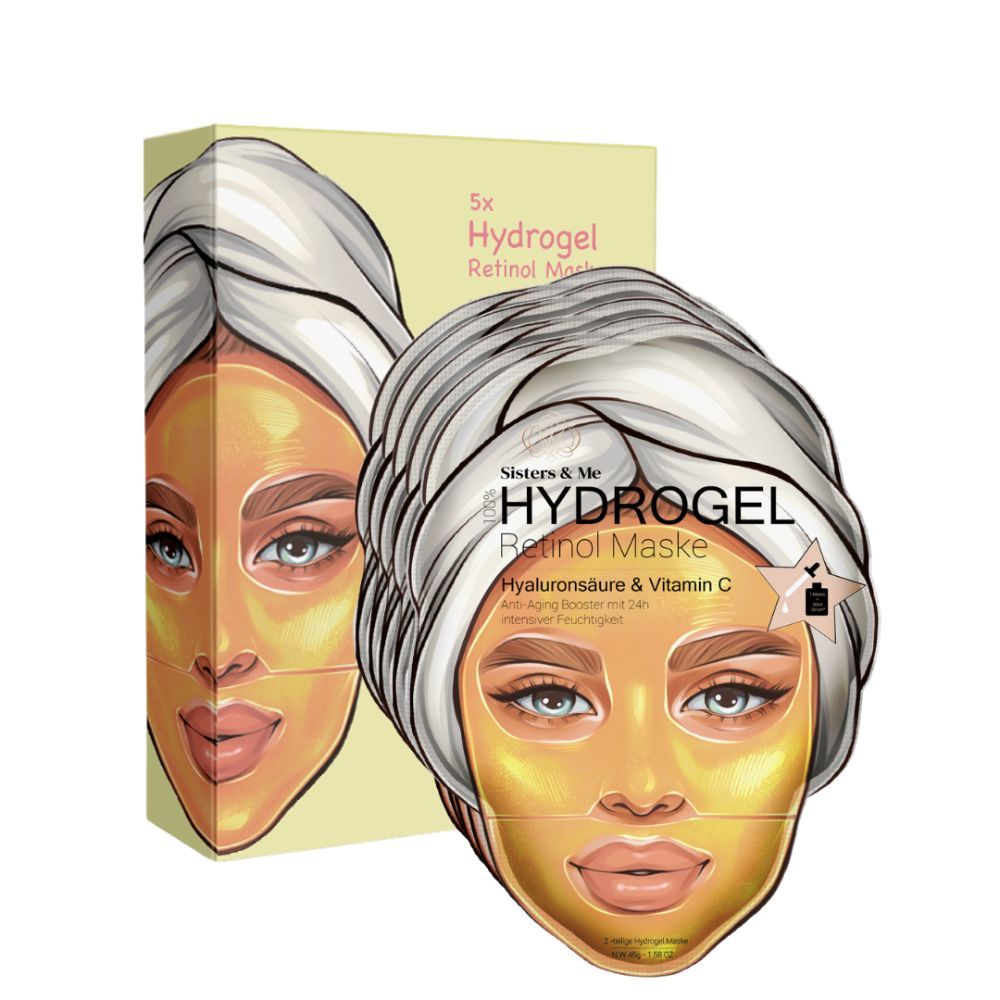 Due confezioni di prodotti affiancate. Scritta: 5x Hydrogel Retinol Maske, Sisters & Me. Illustrazione: donna con maschera.