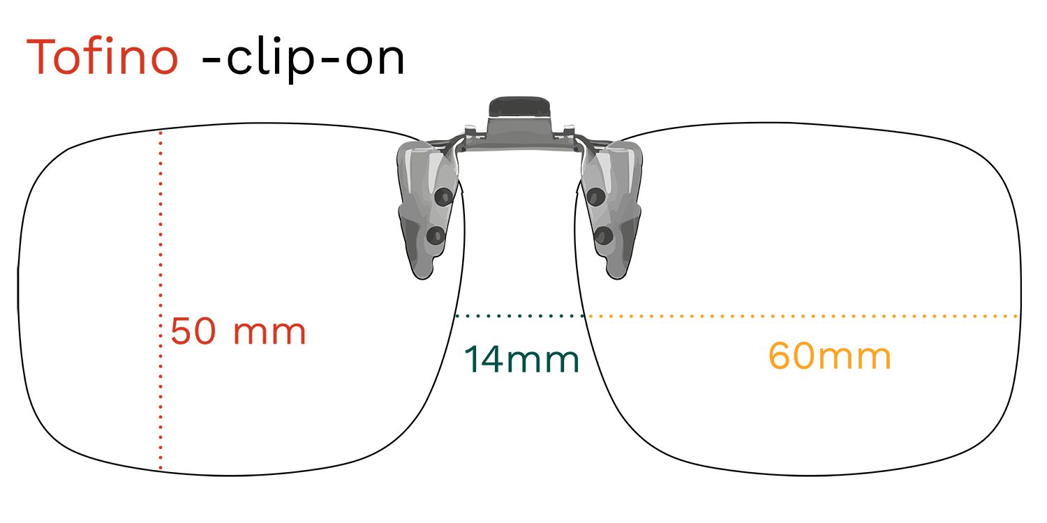 Occhiali da sole clip-on con misure: 50mm, 14mm, 60mm. Testo: Tofino -clip-on.