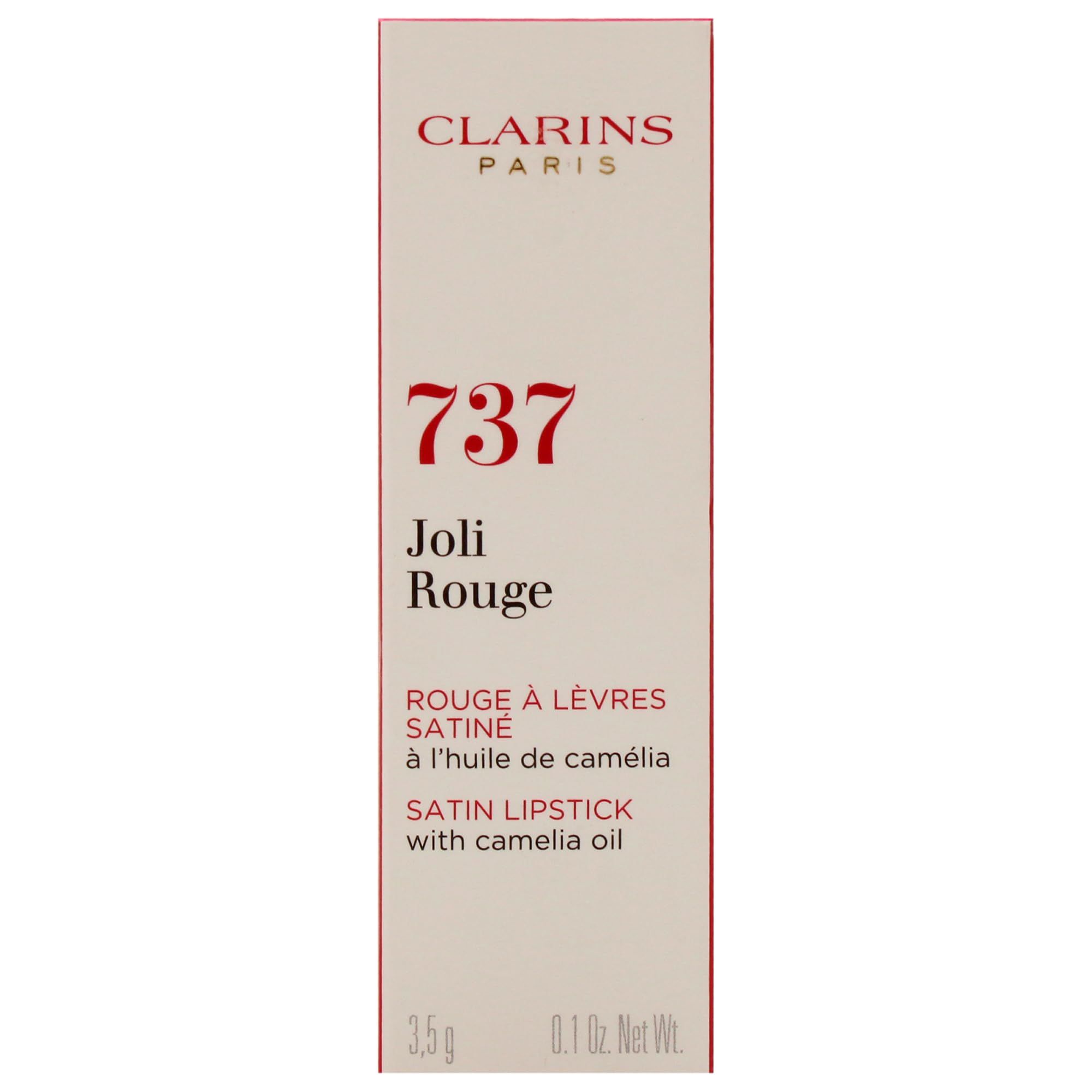 Confezione Clarins Joli Rouge 737. Testo rosso su sfondo bianco. Nome del prodotto, marchio e dettagli.