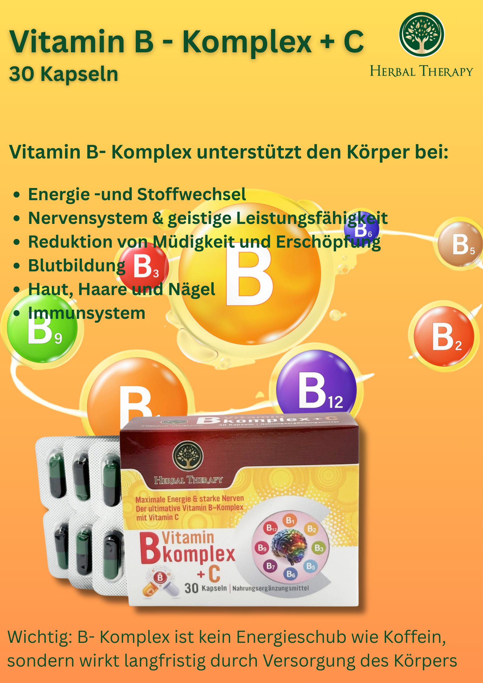 Immagine promozionale per Herbal Therapy Vitamin B-Komplex + C. Prodotto, capsule, diagrammi, testo su benefici e ingredienti.