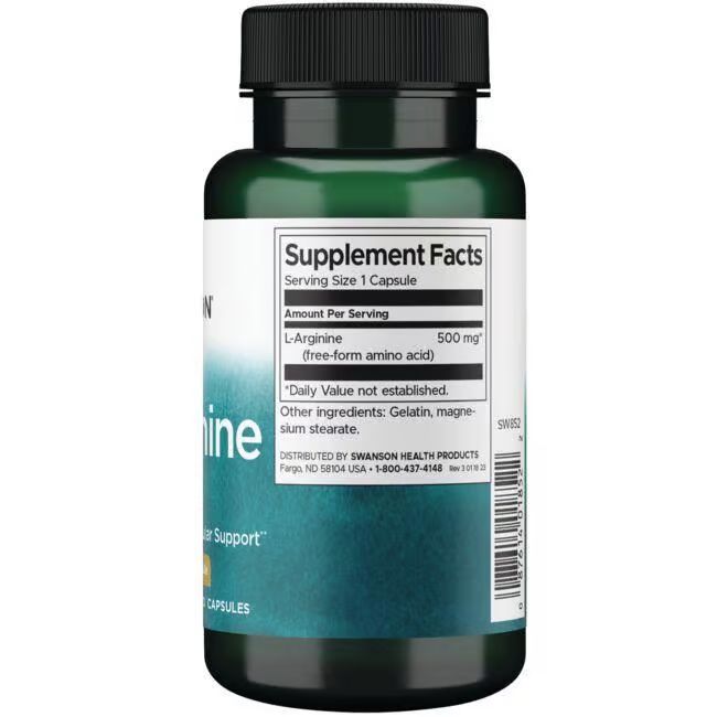Retro del flacone verde. Etichetta con informazioni nutrizionali: L-Arginina 500 mg. Altri ingredienti: gelatina, magnesio stearato.