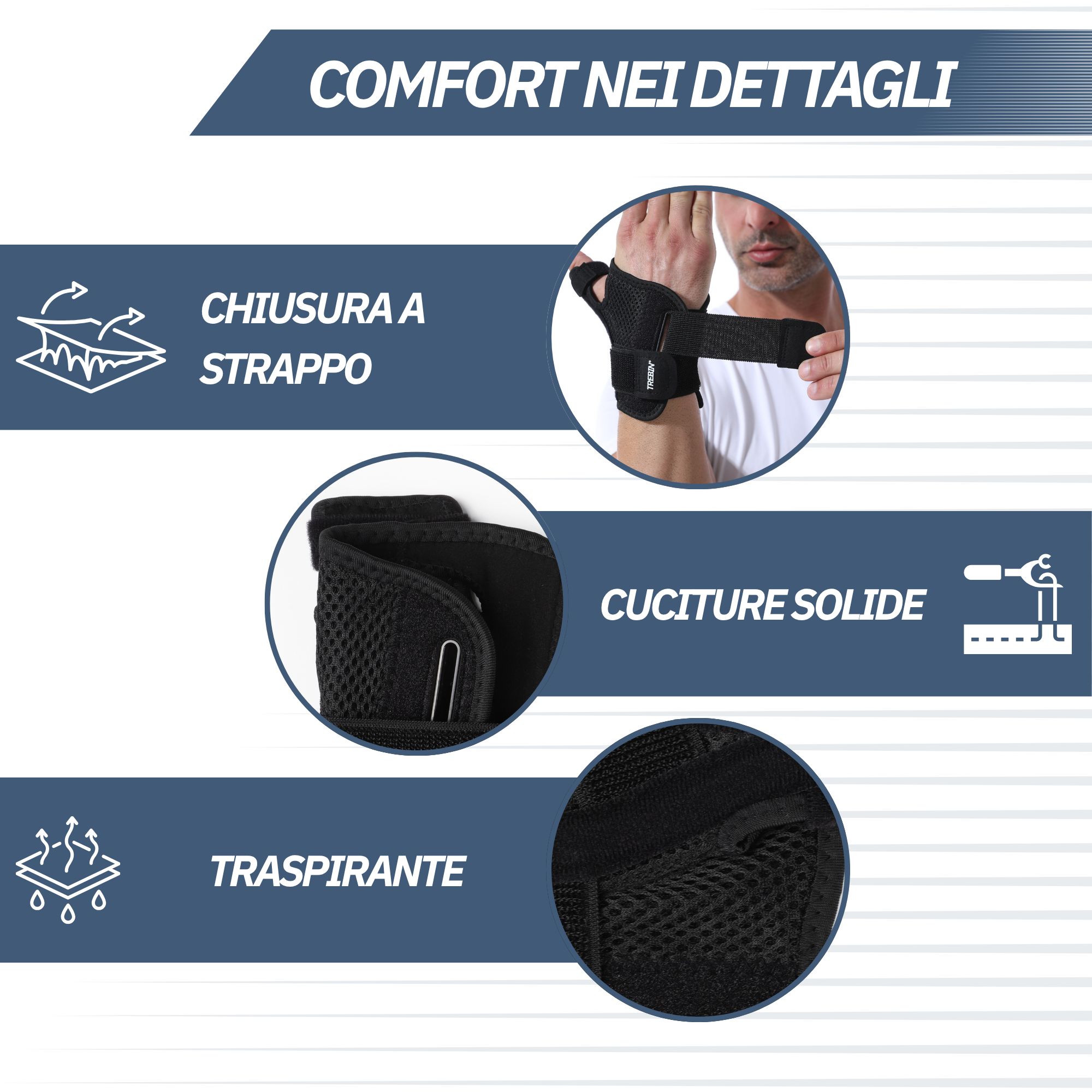 Stabilizzatore nero per polso e pollice con passante per il pollice, tessuto traspirante e velcro.