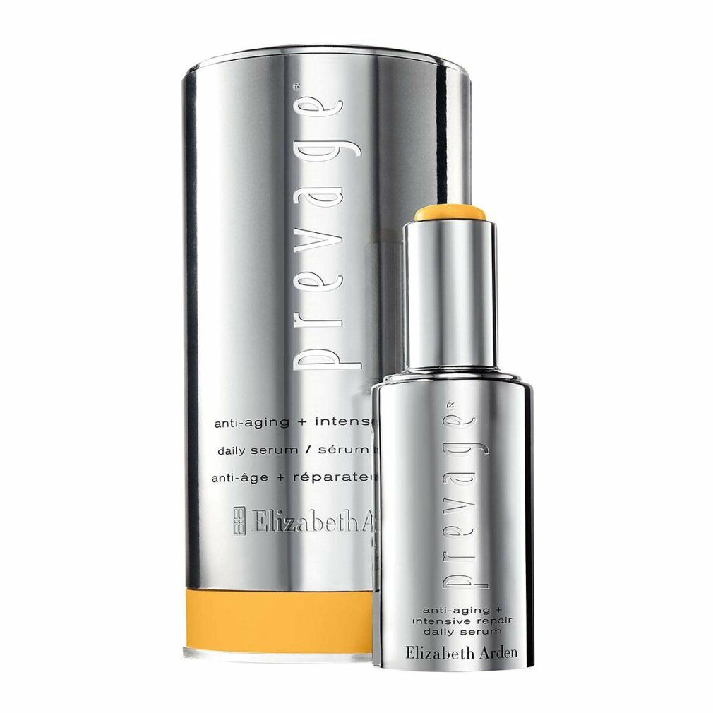 Flacone e confezione argento. Testo: Prevage, Anti-Aging, Intensive Repair Daily Serum, Elizabeth Arden. Accento giallo.