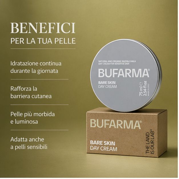 Barattolo e scatola di crema. Scritta: BUFARMA, Bare Skin Day Cream. Benefici per la pelle. Crema naturale e biologica per pelli sensibili.
