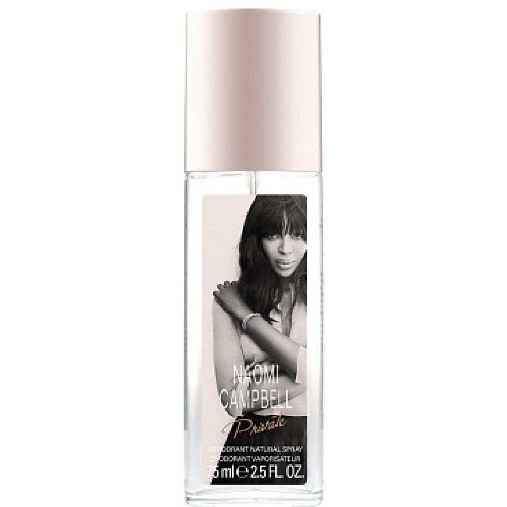 Spray deodorante con tappo rosa. Sul davanti, un ritratto in bianco e nero di Naomi Campbell. Sotto, la scritta "Private".