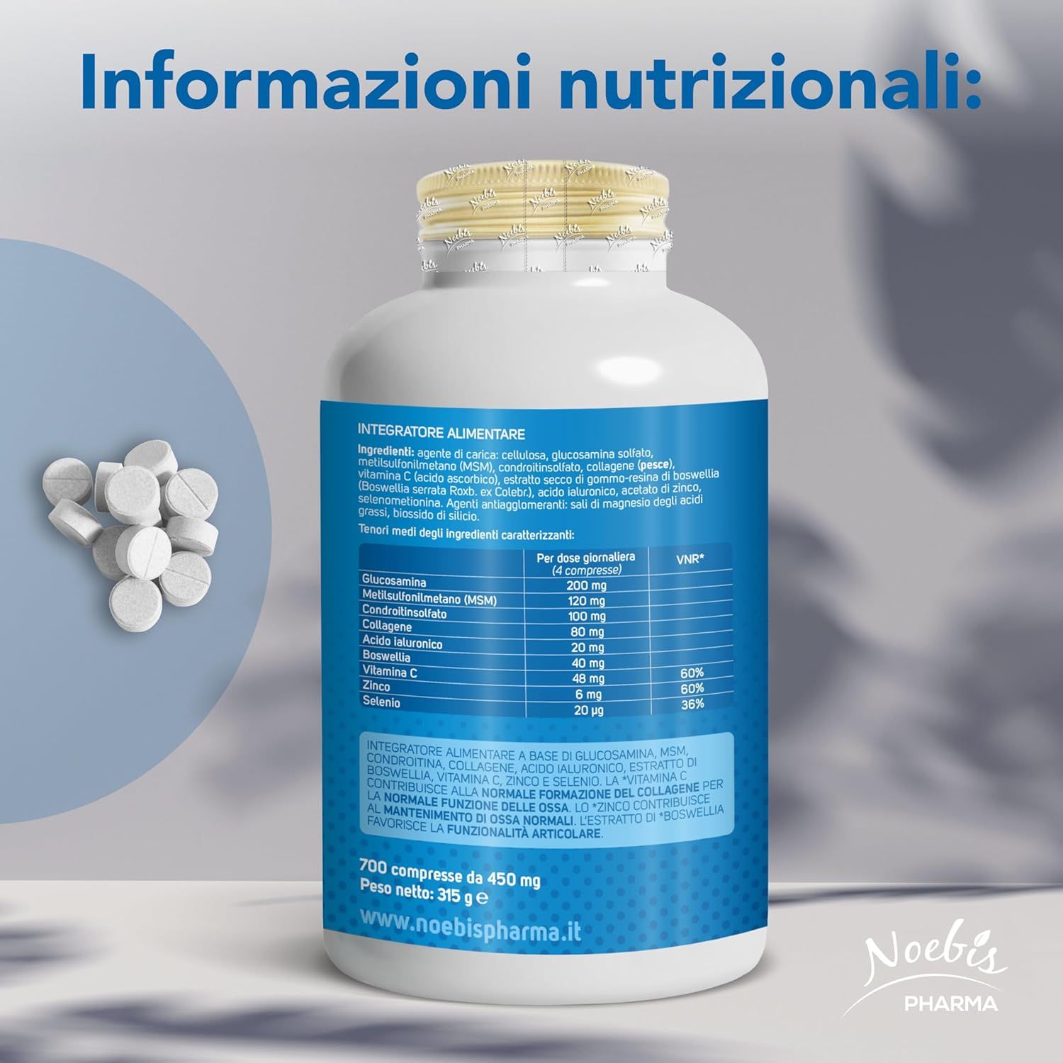 Retro di un flacone Glucosamina Advanced con informazioni nutrizionali e ingredienti. 700 compresse.