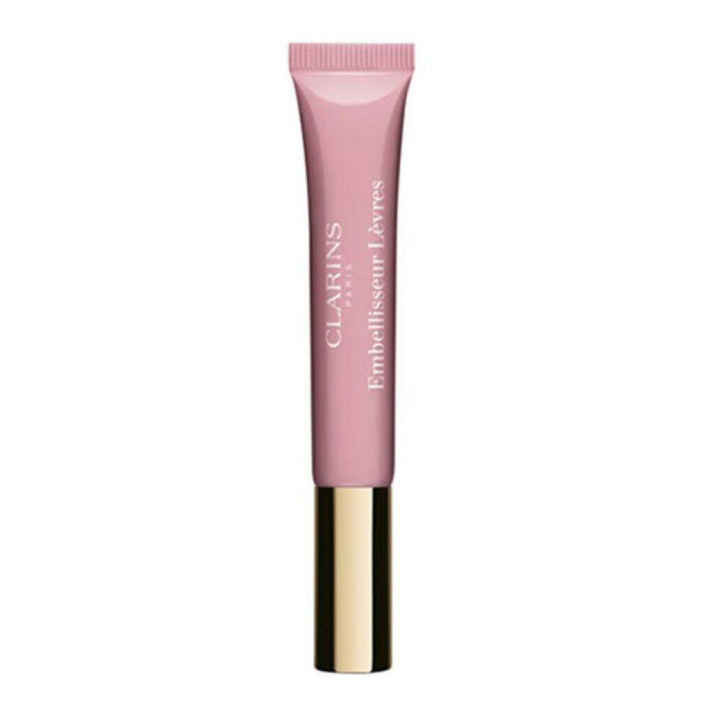 Tubo rosa con cappuccio dorato. Scritta: Clarins Paris, Eclat Minute Embellisseur Lèvres.
