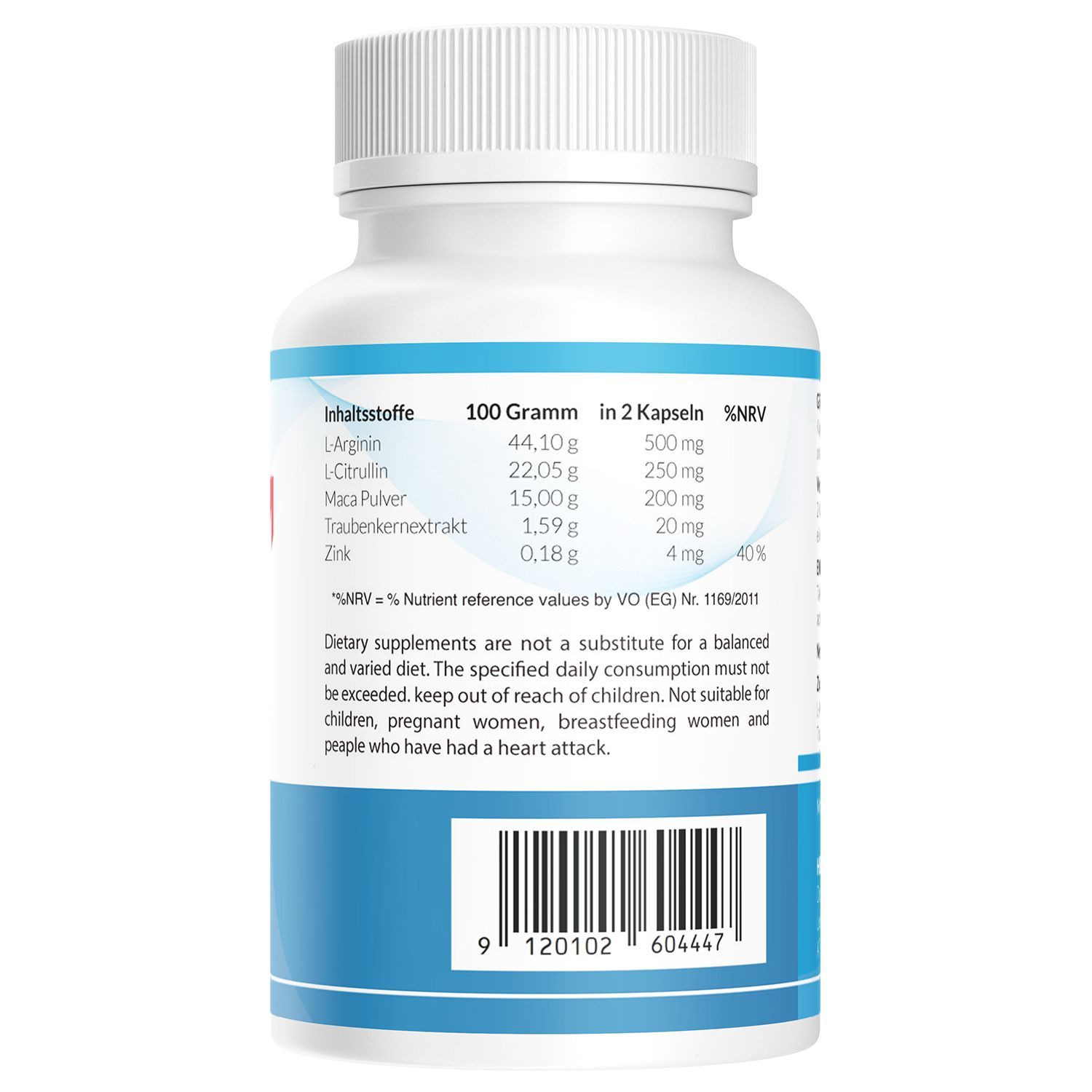 Retro di un flacone bianco con testo blu. Elenco degli ingredienti per 100g e per 2 capsule.