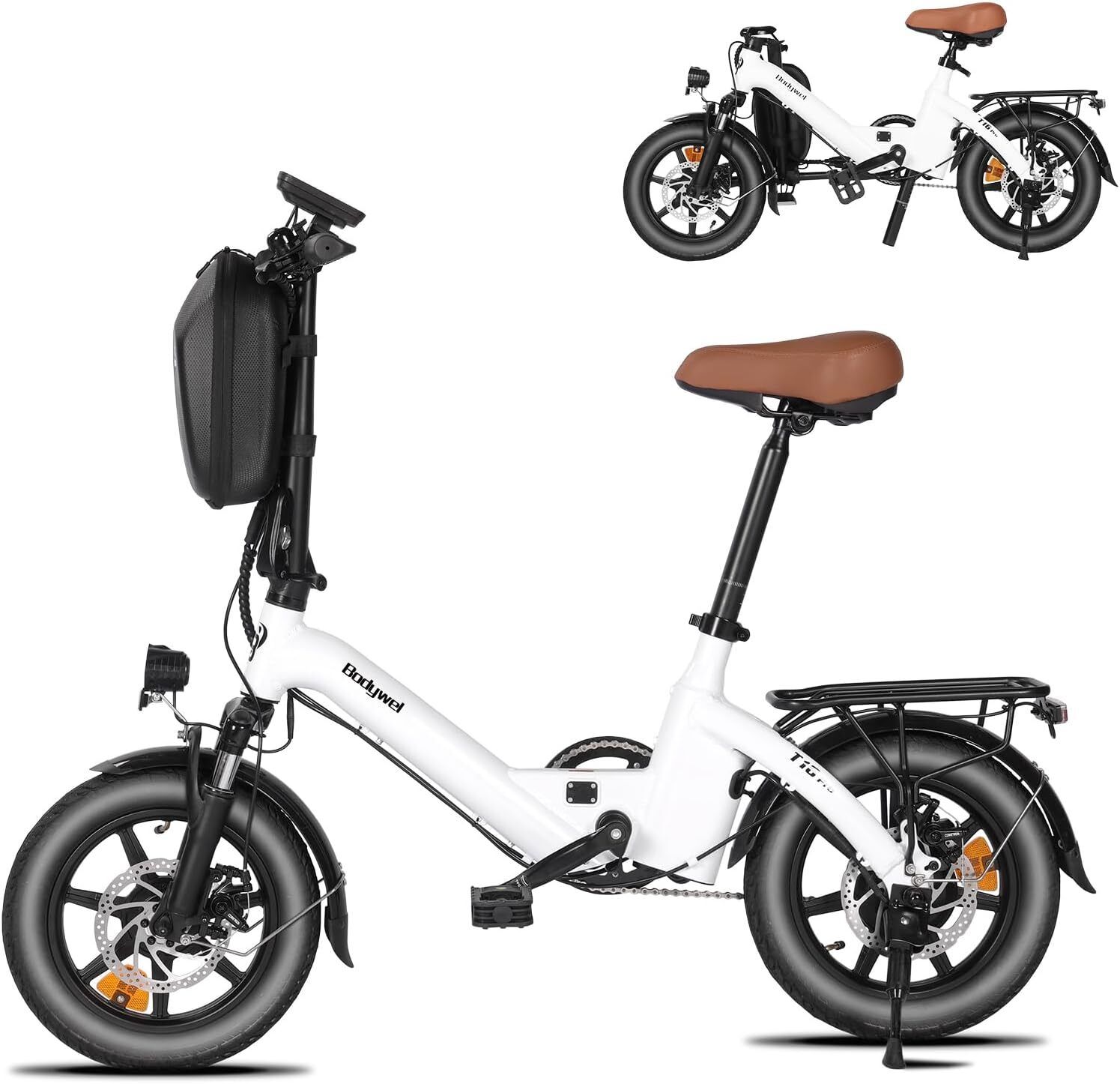 E-bike pieghevole bianca, sella marrone, pneumatici neri, portapacchi. Immagine aggiuntiva in alto a destra. Bodywel T16 Pro.