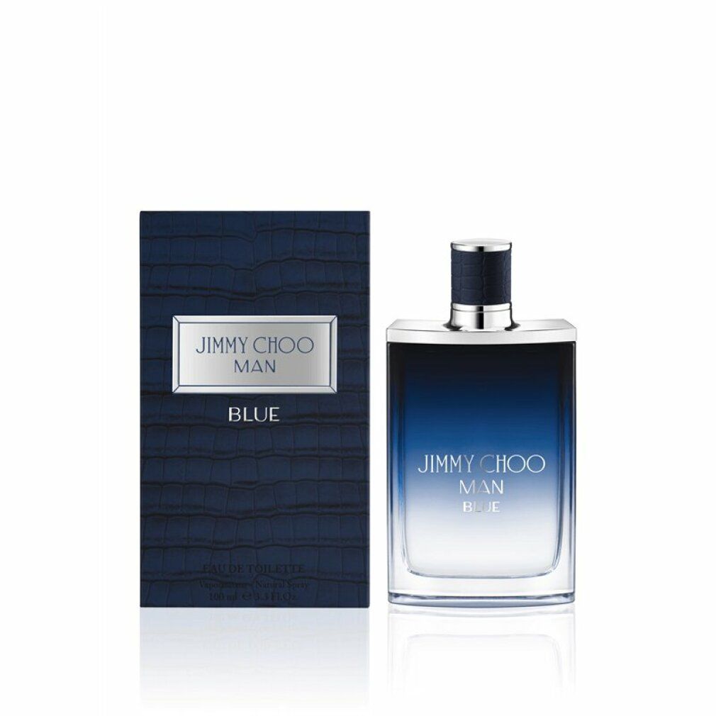 Spray Eau de Toilette e confezione. Flacone rettangolare e scatola blu. Scritta: JIMMY CHOO MAN BLUE. Scatola con logo argento.