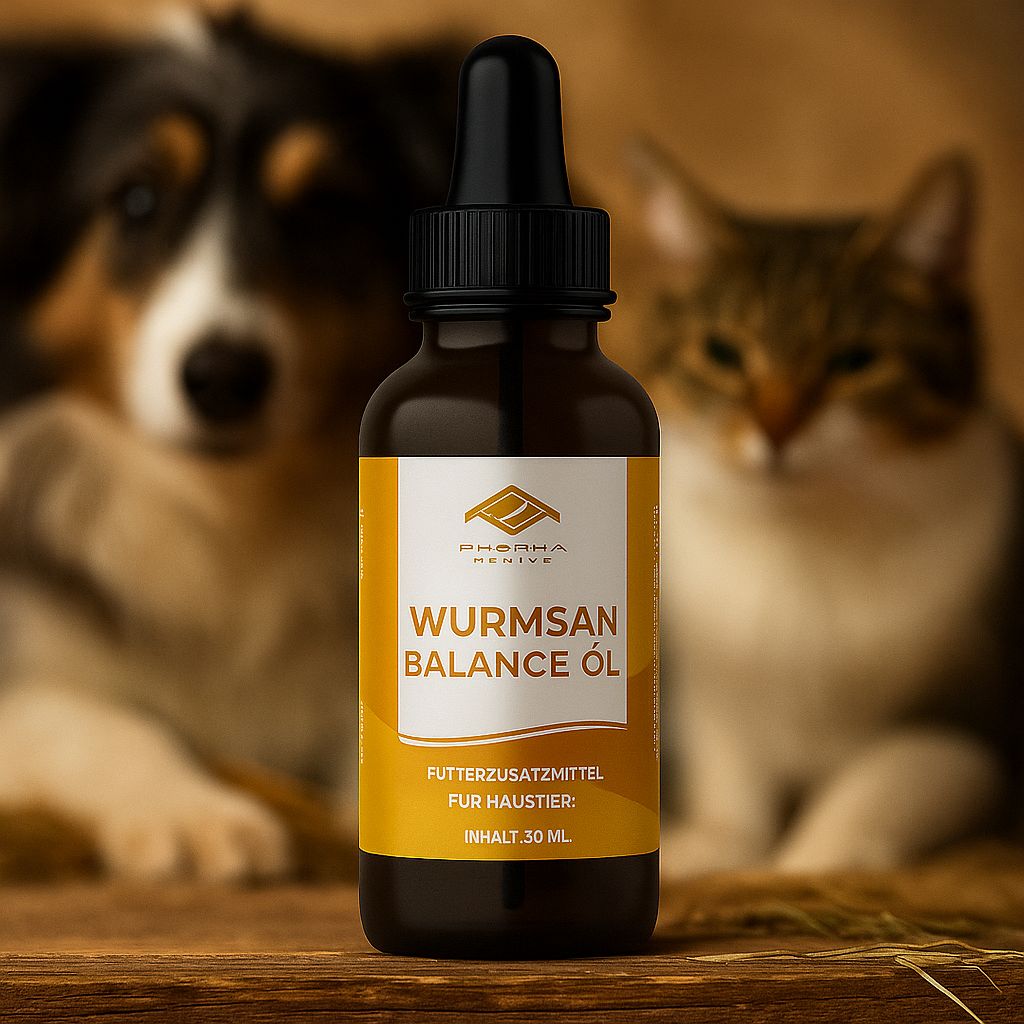 Flacone marrone con contagocce, etichetta con testo: Wurmsan Balance Öl. Immagini di cani e gatti sullo sfondo. Testo: Integratore per animali. Contenuto 30 ml.