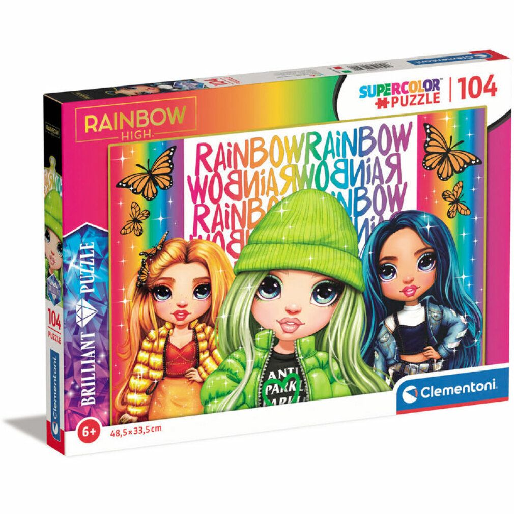 Scatola puzzle con illustrazioni di tre ragazze. Scritte: Rainbow High, Supercolor Puzzle 104, Clementoni. Età consigliata: 6+.