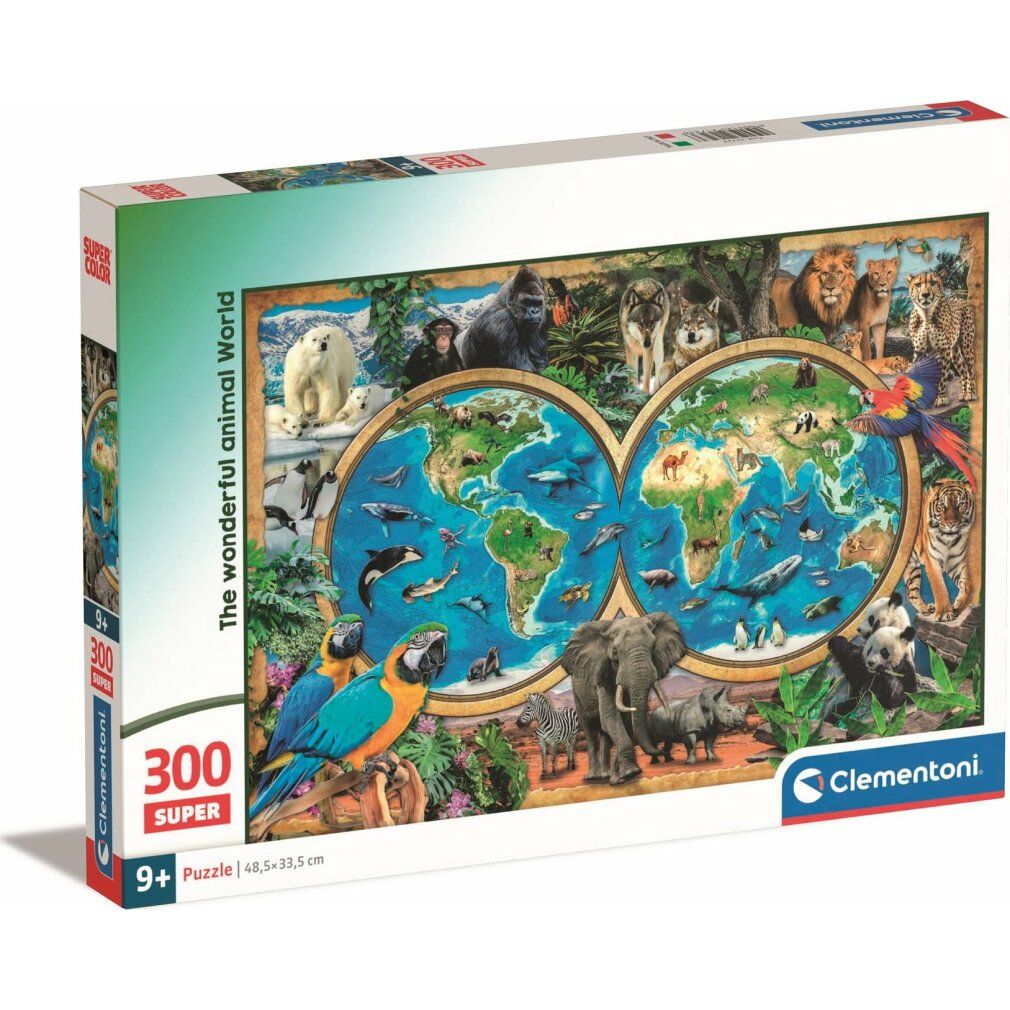 Scatola puzzle con motivo animali. Scritta: 'The wonderful animal world'. Marca: Clementoni. 300 pezzi, 9+ anni.