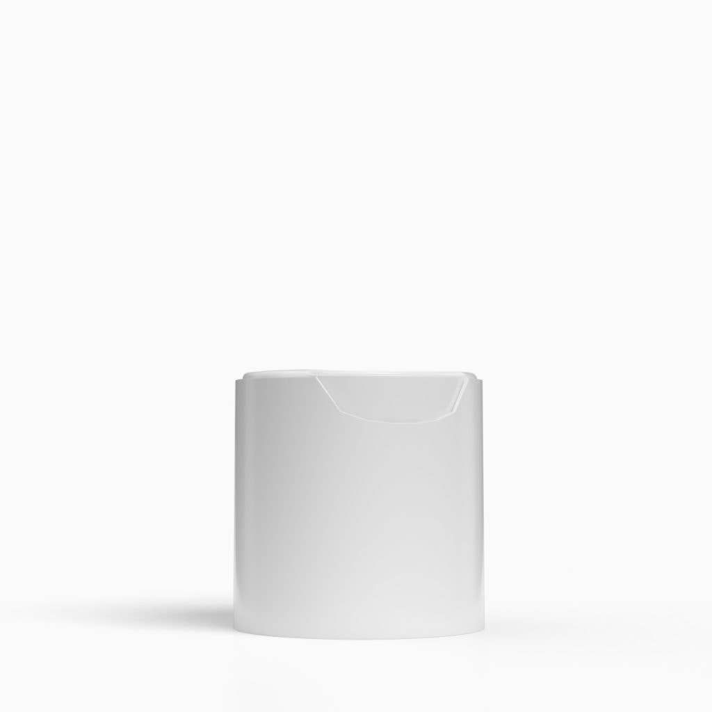 Tappo a ribalta bianco per flaconi. In plastica. Forma cilindrica con chiusura a ribalta.