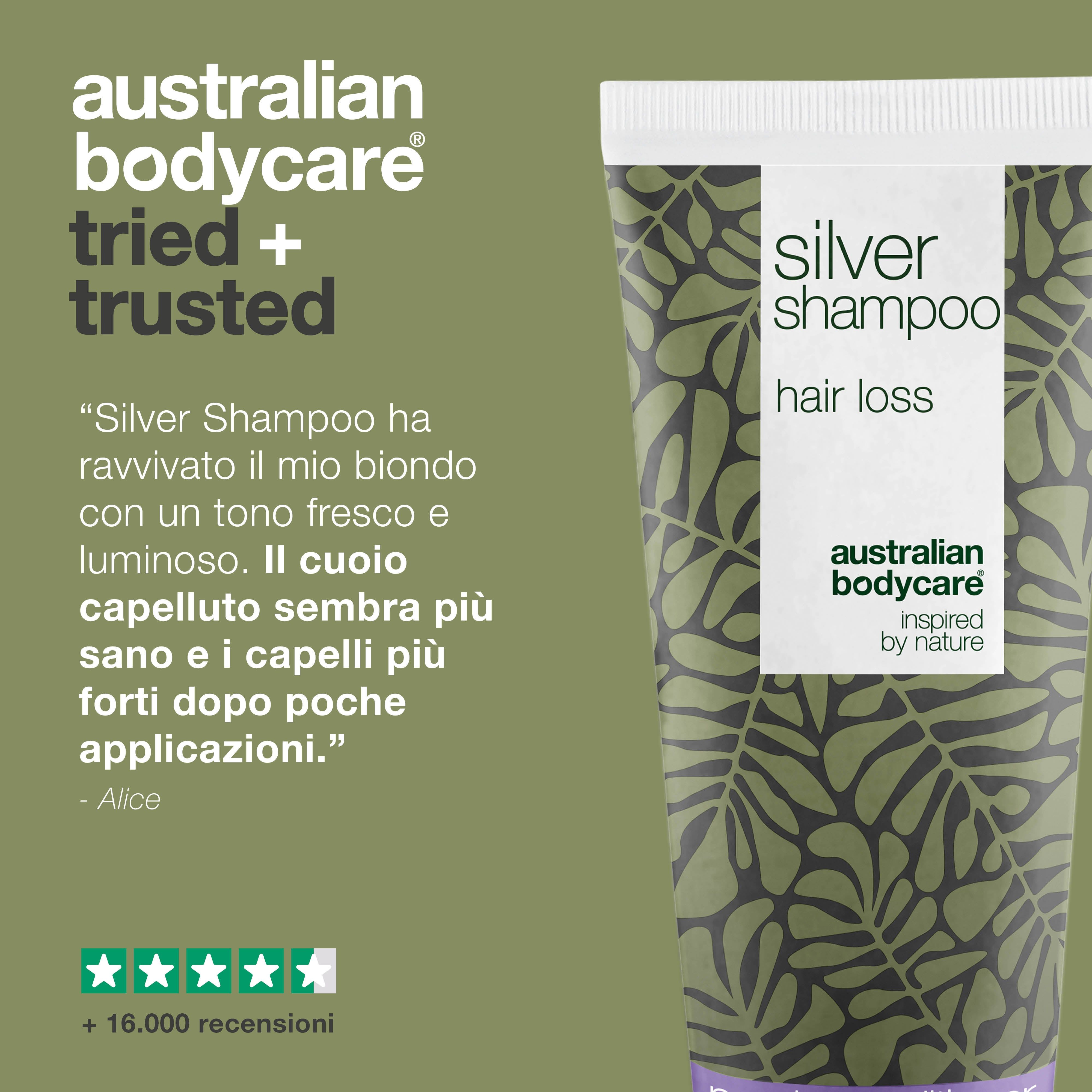 Primo piano del tubo di shampoo. Testo: citazione sullo shampoo. Valutazione a cinque stelle. Marchio: Australian Bodycare.