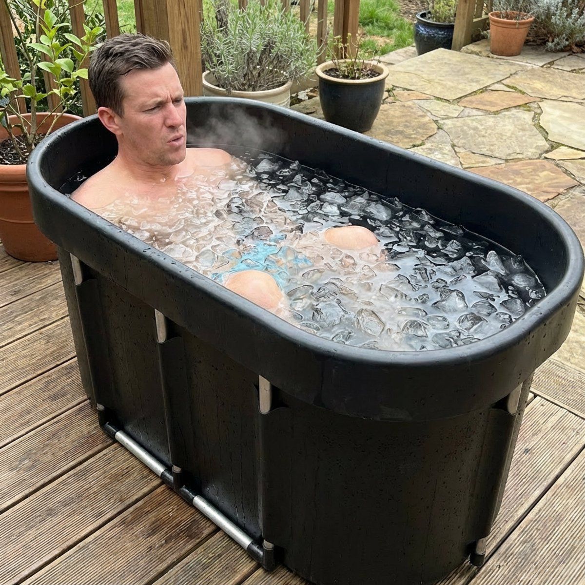 Vaschetta per ghiaccio nera rettangolare con uomo. Vasca piena di cubetti di ghiaccio. Uomo nella vasca. Su terrazza in legno.