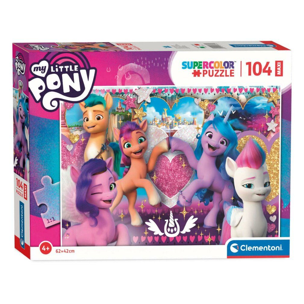Puzzle Clementoni, My Little Pony, 104 pezzi. Sei pony su sfondo a cuore. Confezione con logo, età consigliata e pezzi del puzzle.