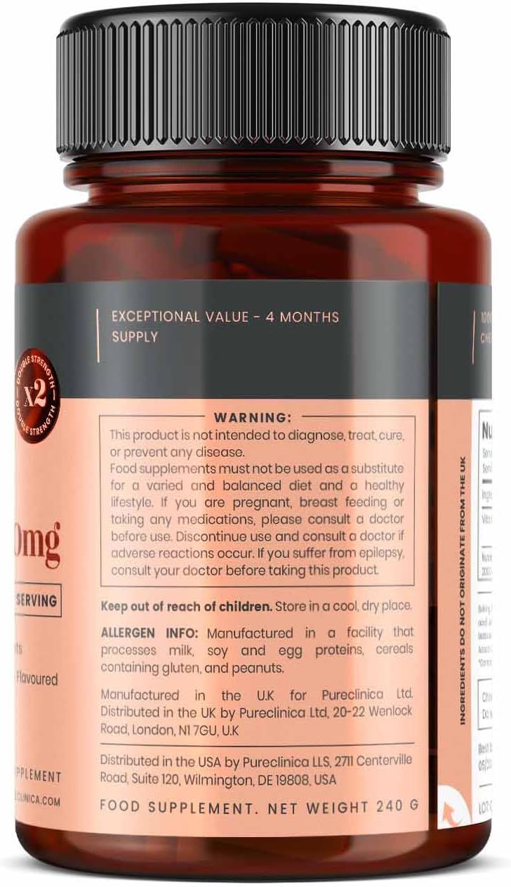 Flacone marrone di compresse di vitamina C Pureclinica. Retro con avvertenze, informazioni sugli allergeni e informazioni sul produttore.