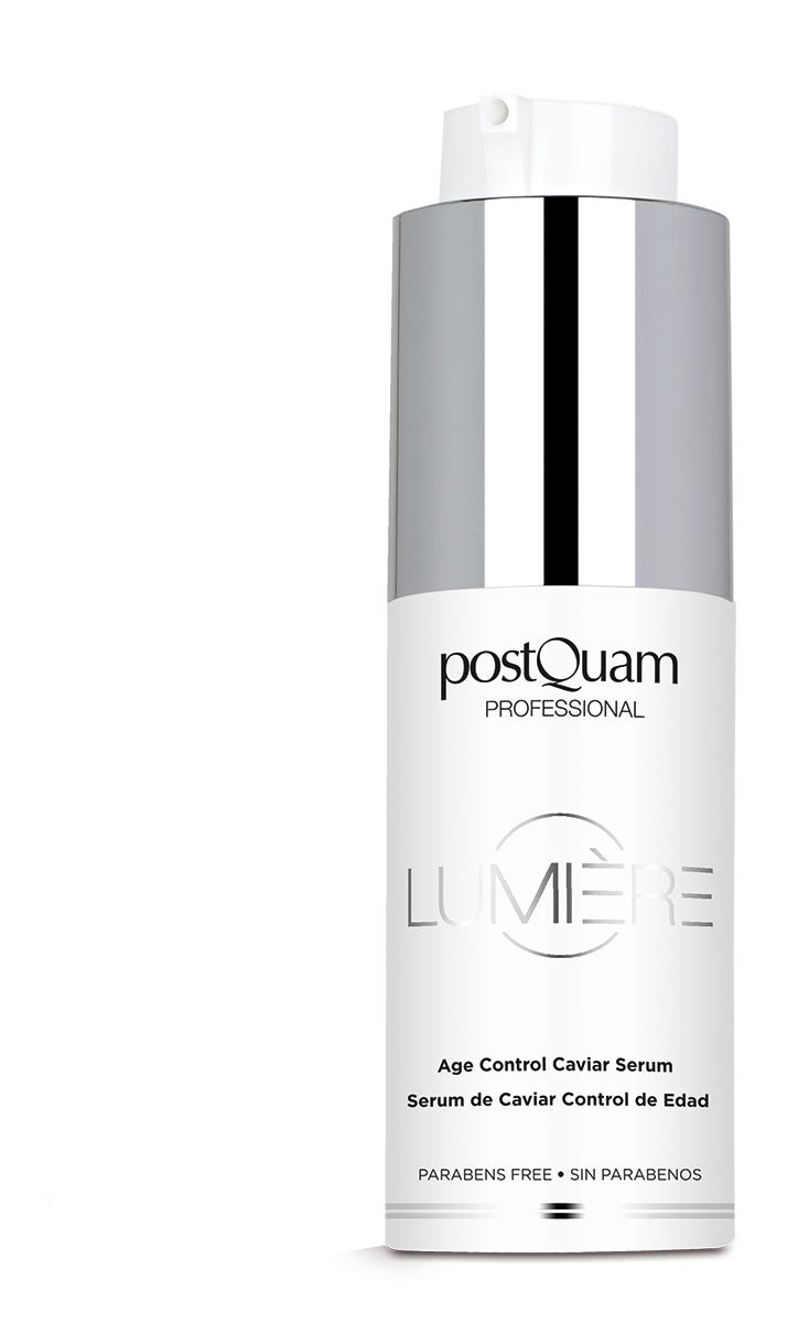 Flacone di siero. Scritta: Postquam Lumière Age Control Caviar Serum. Senza parabeni.
