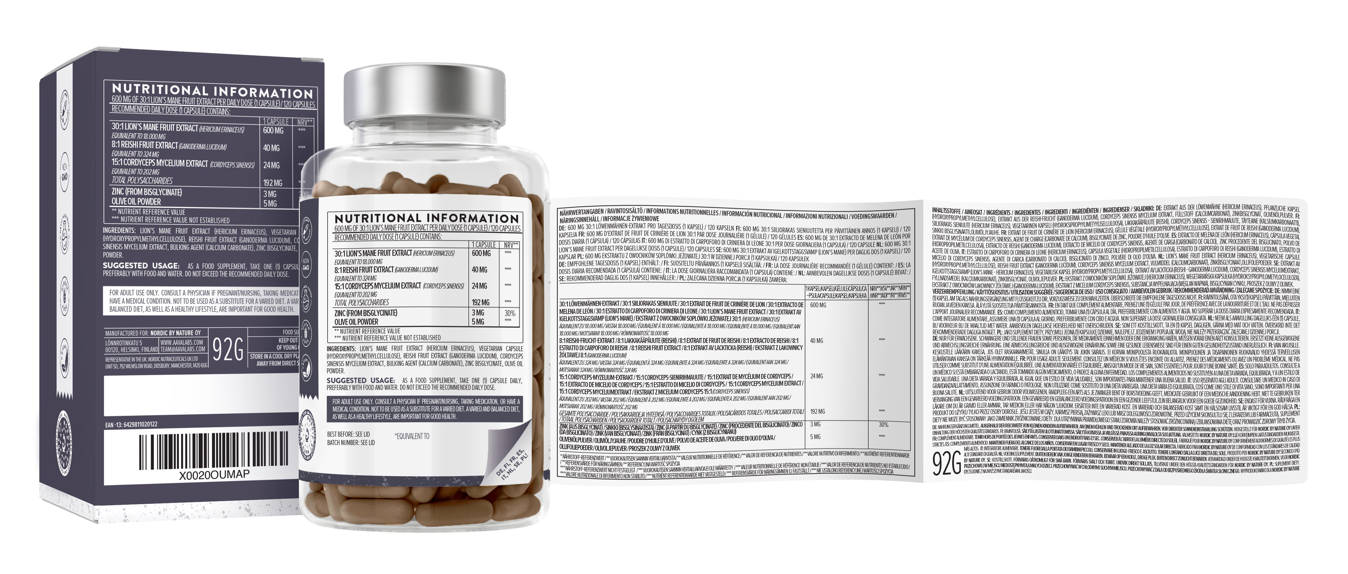Aavalabs Complesso Lion’s Mane – 18.000 mg estratto 30:1 con Reishi, Cordyceps e Zinco