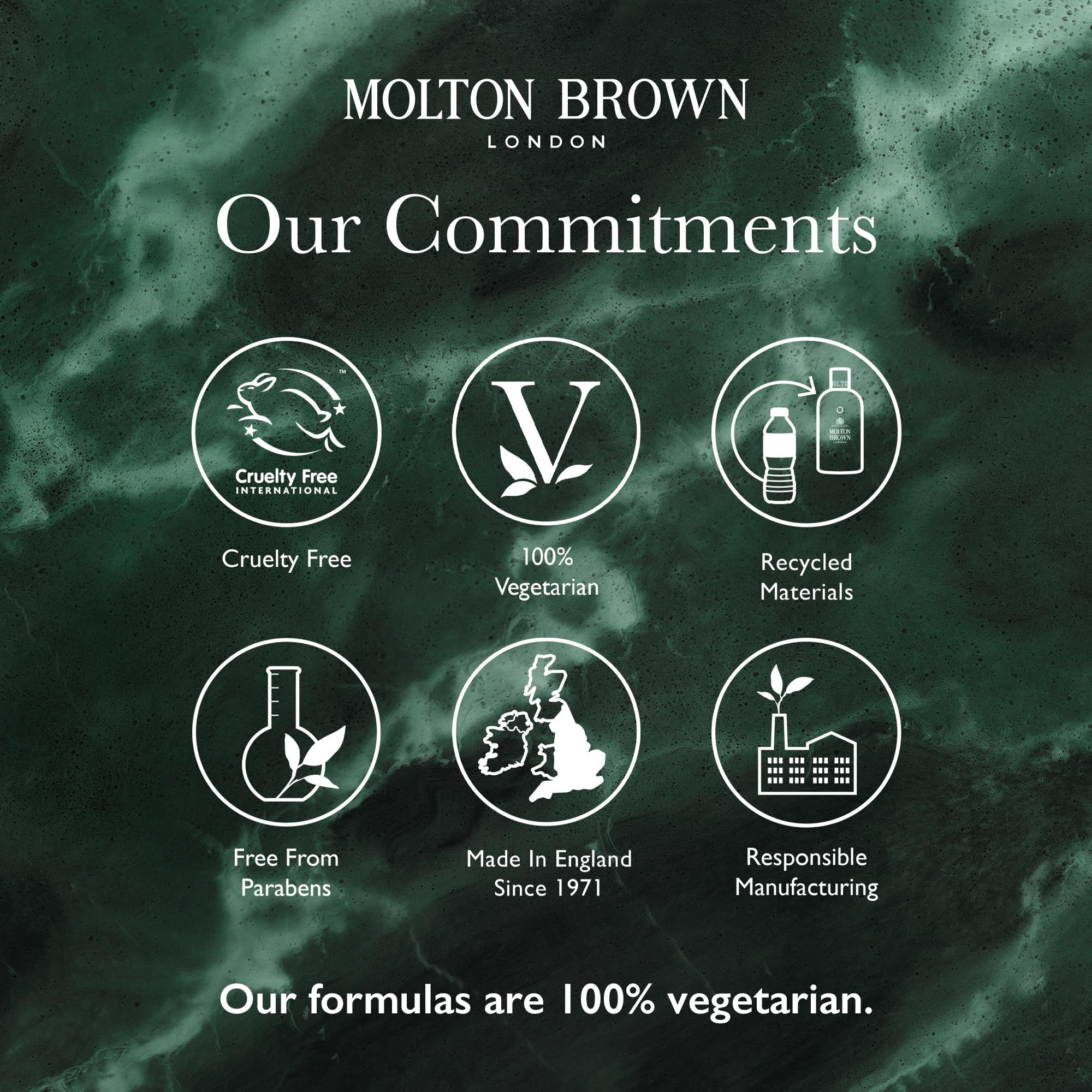 Grafica con loghi. Testo: "Cruelty Free", "100% Vegetarian", "Recycled Materials", "Free From Parabens", "Made in England", "Responsible Manufacturing".
