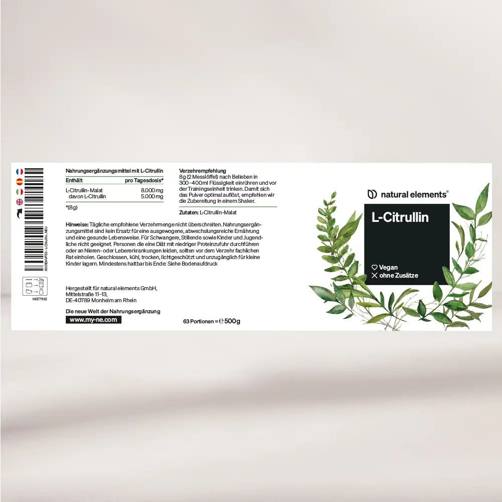 Etichetta del prodotto con testo: natural elements L-Citrullina. Contiene 6000mg di L-Citrullina per dose giornaliera. Vegano, senza additivi. 62 porzioni, 500g.