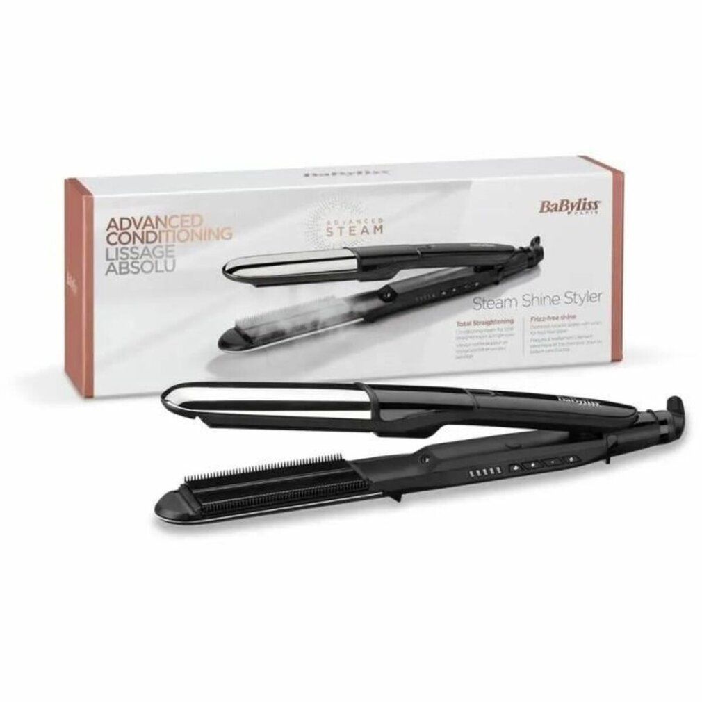 BaByliss Steam Shine Styler e confezione. Scritte: Advanced Conditioning, Lissage Absolu, Steam, BaByliss, Steam Shine Styler.