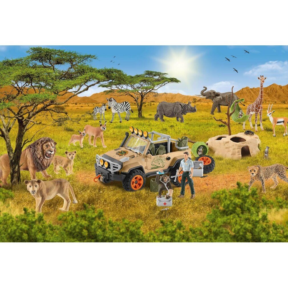 Puzzle da 60 pezzi e personaggio Schleich. Scena con animali e veicolo. Marchio: Schmidt. Include un puzzle e un personaggio.