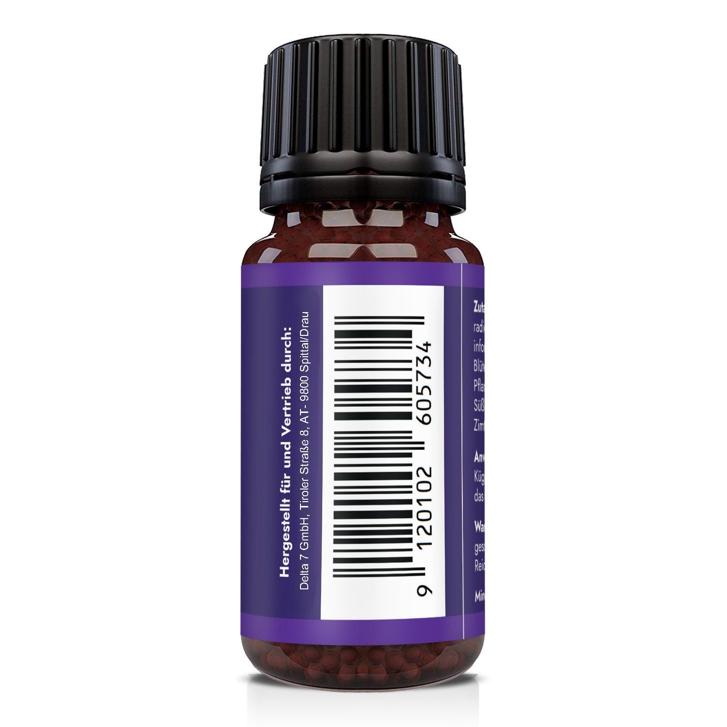 Flacone di vetro marrone con tappo nero. Etichetta viola con testo bianco. Codice a barre e informazioni del produttore.