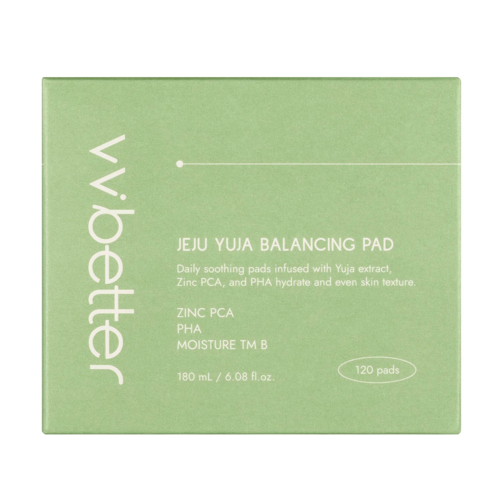 Confezione quadrata verde. Scritta: Jeju Yuja Balancing Pad. Contiene 120 pads. Marchio: vvbetter.