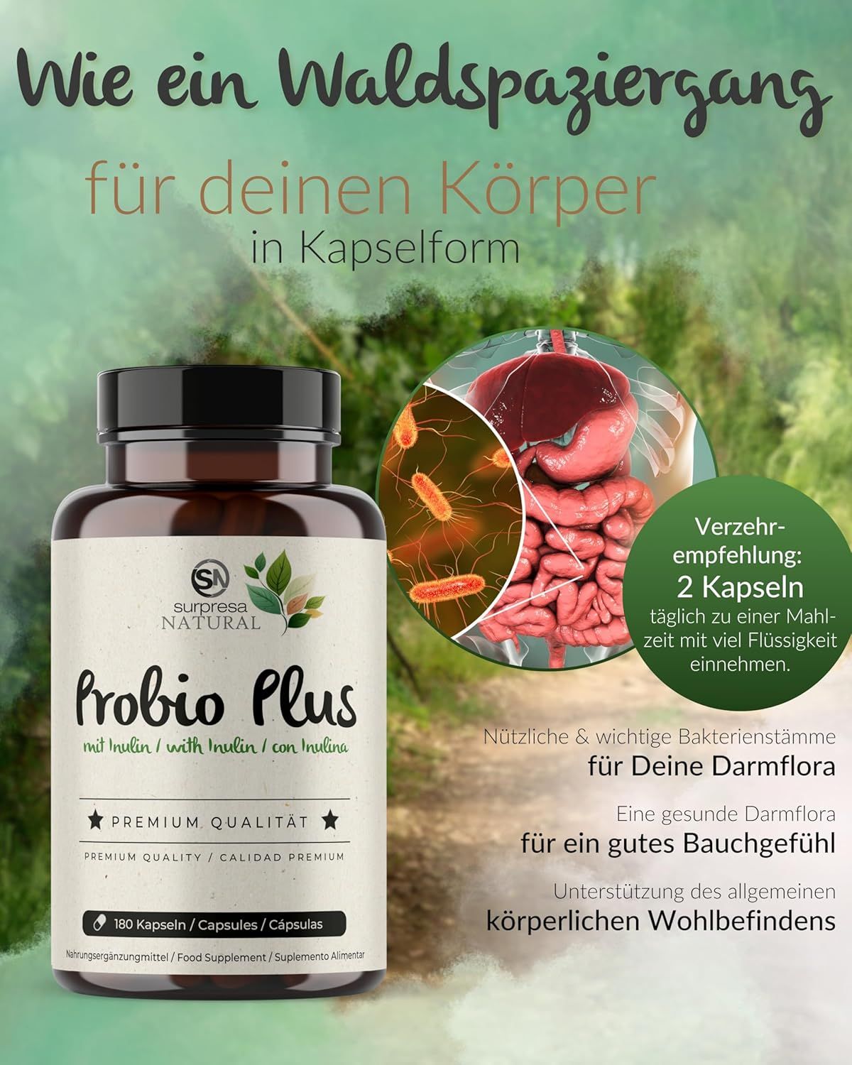 Flacone marrone con etichetta: Surpresa Natural Probio Plus, 180 capsule, con illustrazioni dell'intestino.