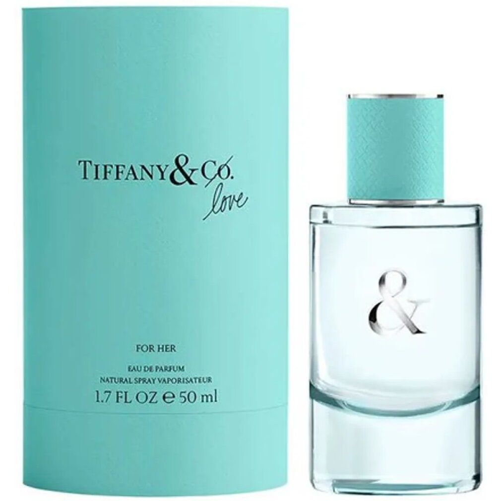 Flacone e confezione turchese. Scritta: Tiffany & Co. Love For Her. Flacone con & argentato.