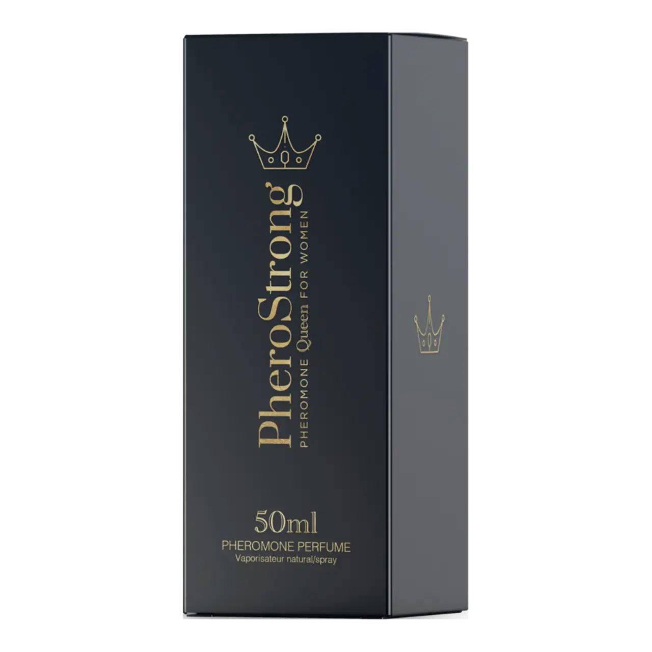 Scatola nera con scritta dorata PheroStrong, Pheromone Queen for Women, 50ml. Vista verticale.