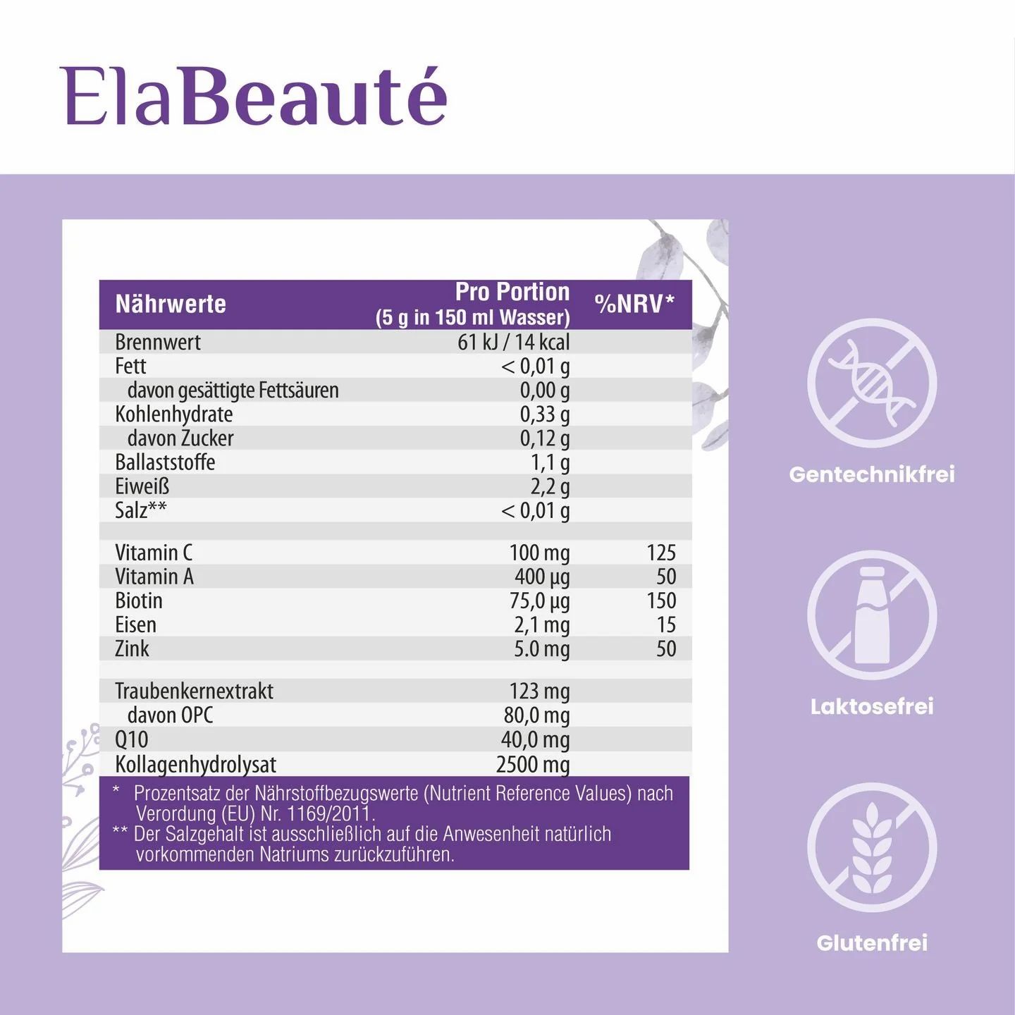 Tabella nutrizionale per SanaExpert ElaBeauté. Contiene informazioni su grassi, carboidrati, proteine, sale, vitamine e minerali. Senza OGM, lattosio e glutine.