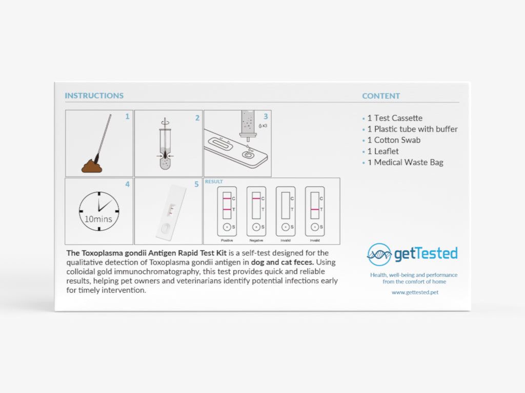 Confezione del test GetTested Toxoplasma. Contiene cassetta, provetta, tampone, foglietto illustrativo e sacco rifiuti medico.