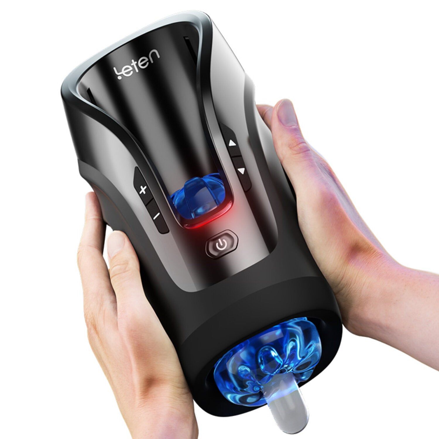 Dispositivo nero con interno blu, tenuto da due mani. La scritta "leten" è visibile. Sono presenti pulsanti di controllo.