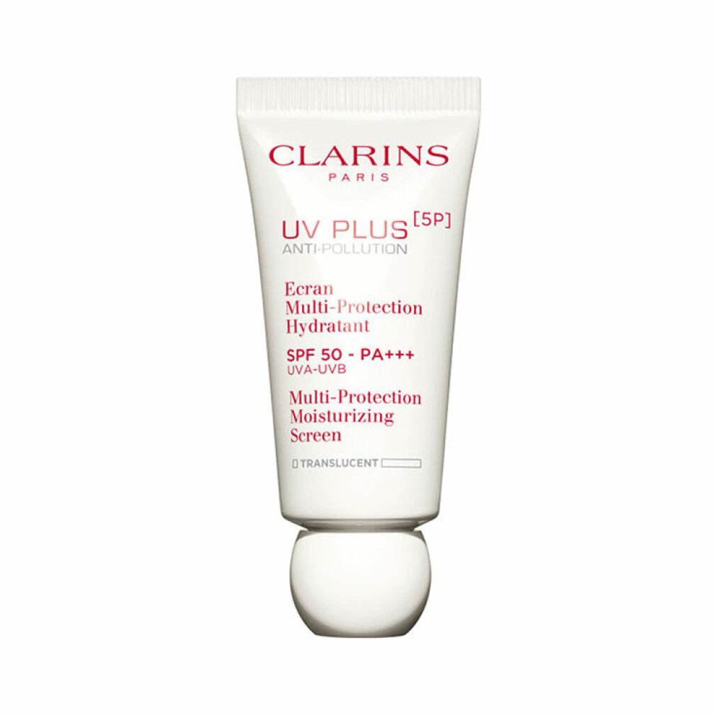 Tubo bianco con testo rosso. Prodotto: Clarins UV Plus [5P]. Scritto: Multi-Protection, SPF 50, UVA-UVB.