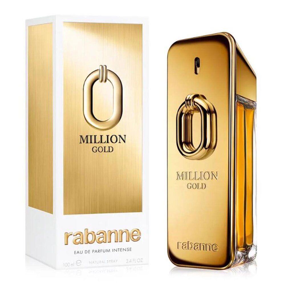 Flacone e confezione dorati. Scritta "Million Gold" e "rabanne". Flacone con chiusura dorata.