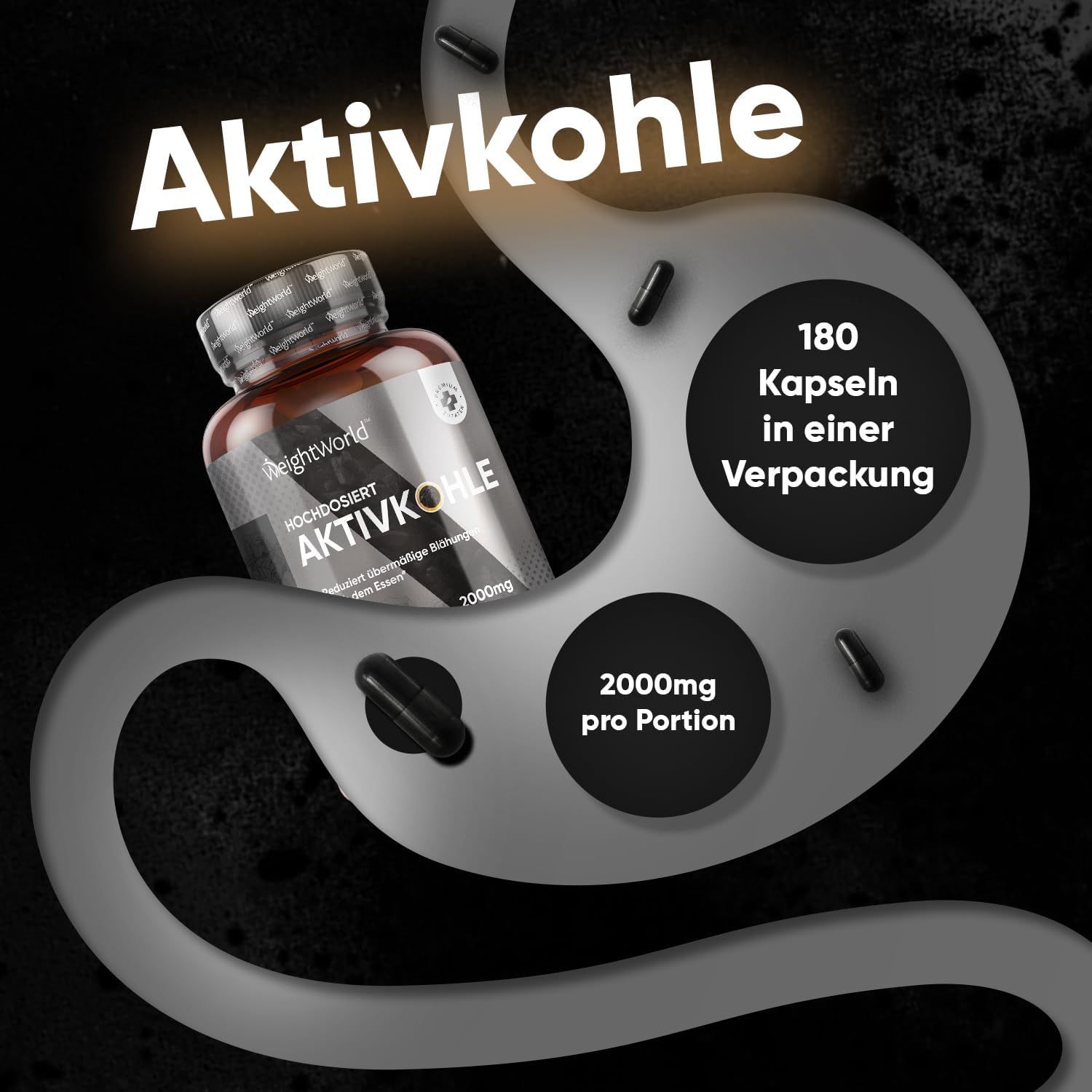 Grafica con stomaco e capsule. Testo: 180 capsule per confezione. 2000mg per porzione.