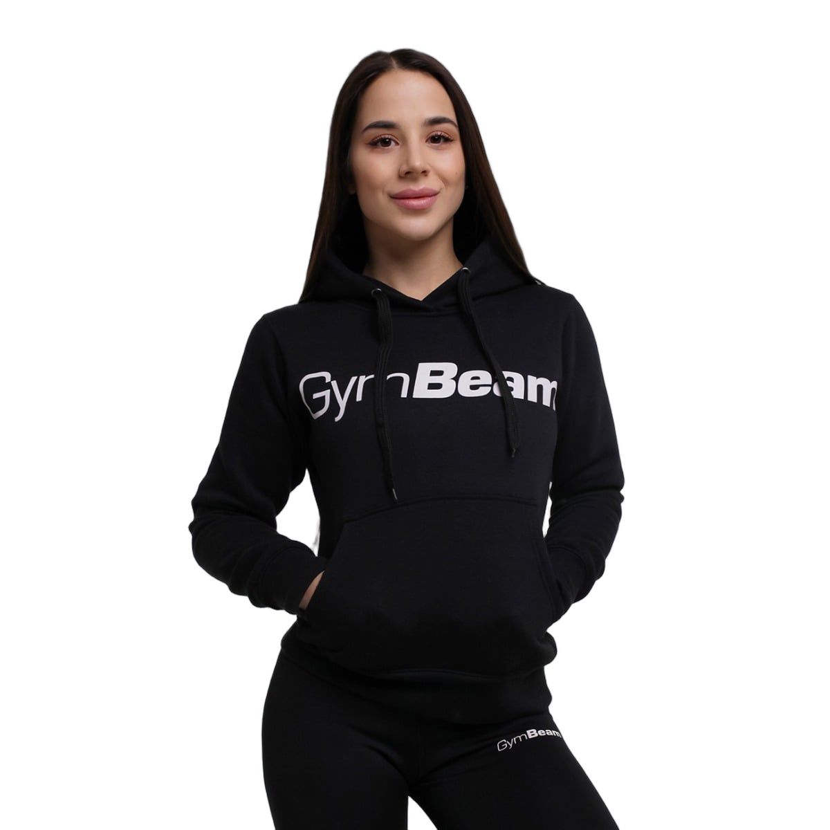 Felpa nera con cappuccio GymBeam da donna, maniche lunghe, tasca a marsupio, logo bianco sul davanti.