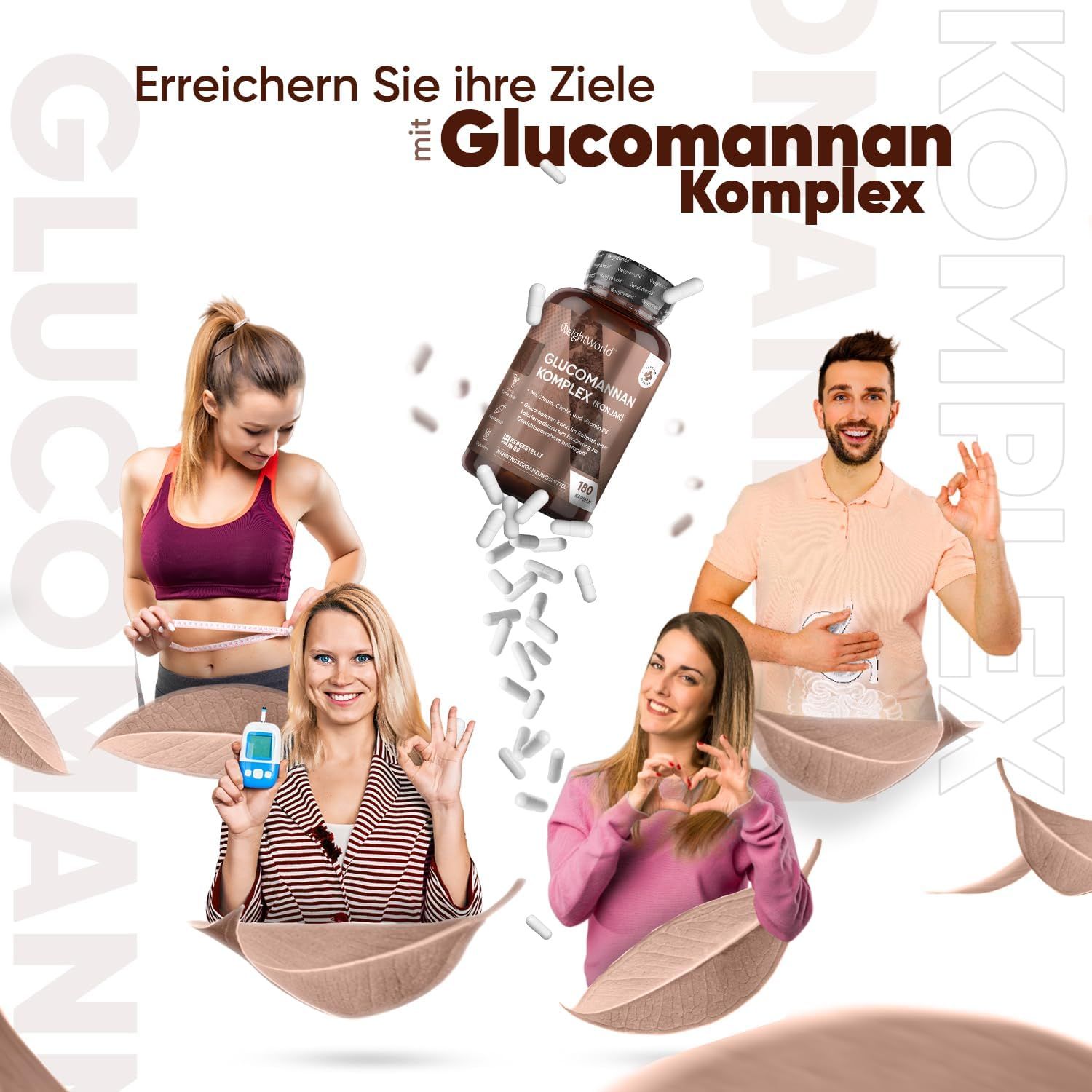 Pubblicità con persone e Glucomannan Komplex. Le persone si tengono la pancia, si misurano o fanno il segno OK.