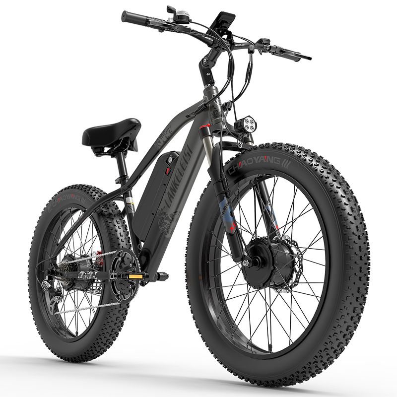 E-bike LANKELEISI MG740PLUS nera, pneumatici larghi, batteria e faro. Marchio visibile.