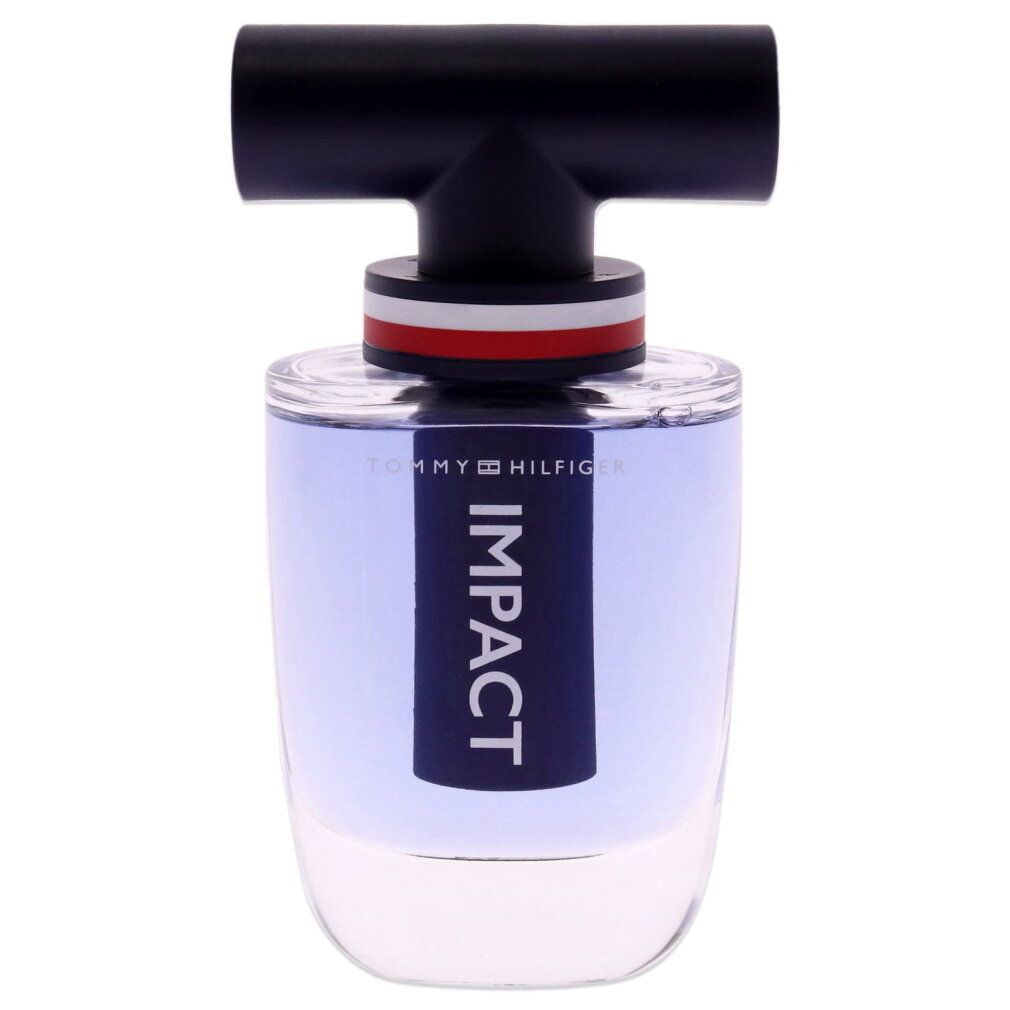 Flacone Tommy Hilfiger Impact Eau de Toilette con profumo blu e tappo nero a forma di T.