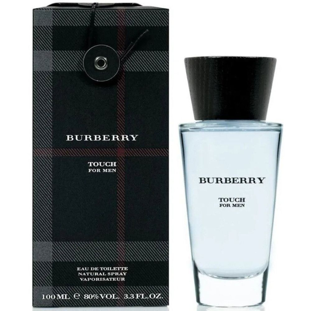 Flacone e confezione. Flacone con tappo in legno, scritta Burberry Touch for Men. Confezione con motivo a quadri e logo.