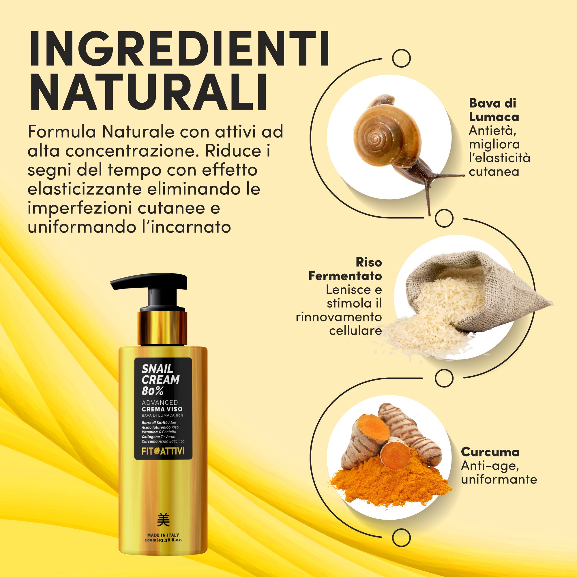 Flacone di crema con dosatore, 80% bava di lumaca. Ingredienti naturali: bava di lumaca, riso fermentato, curcuma. Testo: Snail Cream 80%.