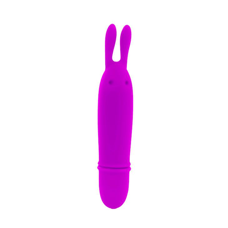 Vibratore coniglio viola in silicone con due orecchie e un'estremità arrotondata, su sfondo bianco.