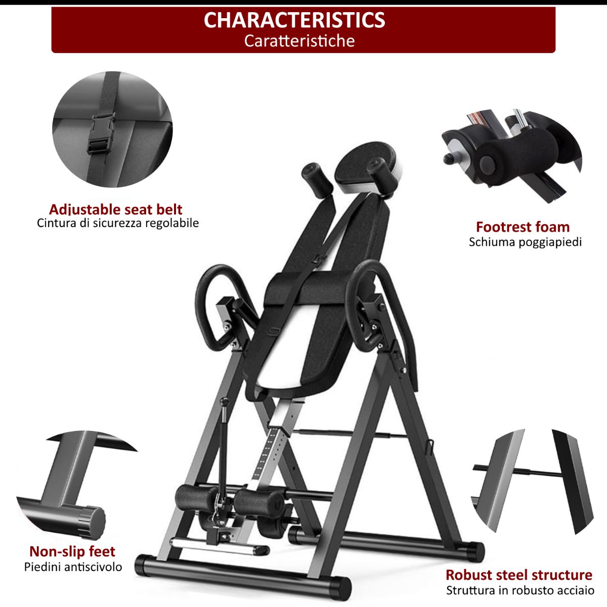 Panca per inversione con caratteristiche: cintura di sicurezza regolabile, schiuma per i piedi, piedini antiscivolo, struttura in acciaio robusta.