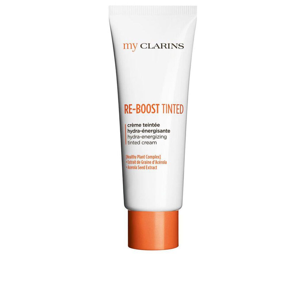 Tubo bianco con tappo arancione. Scritta: My Clarins, RE-BOOST TINTED, hydra-energissante, tinted cream.